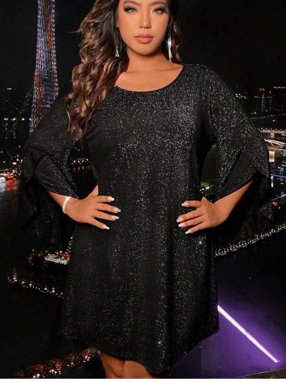SHEIN Black Sparkle Mini Dress with Flared Sleeves